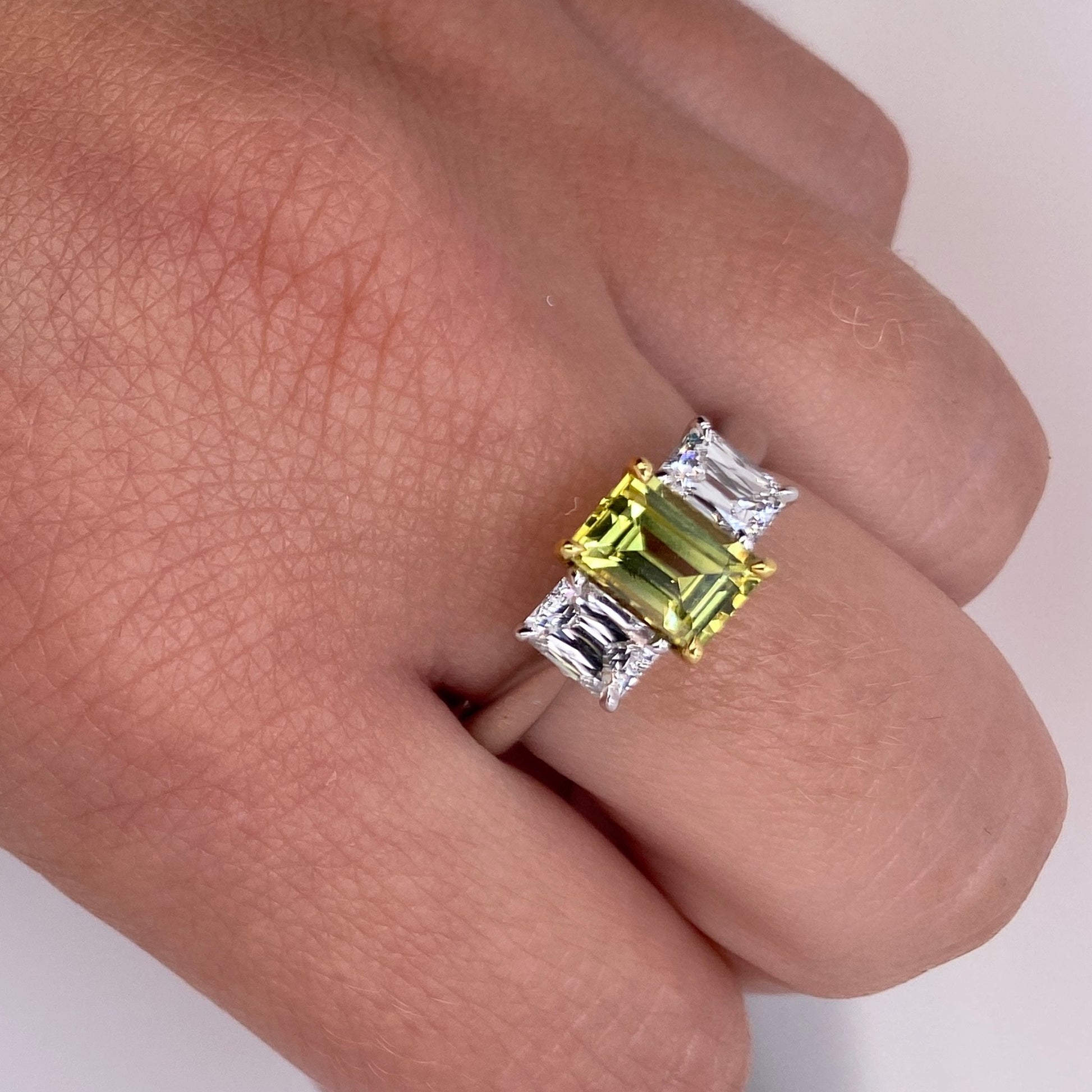 Contemporary Platinum & 18KT Yellow Gold Sapphire & Diamond Ring on finger