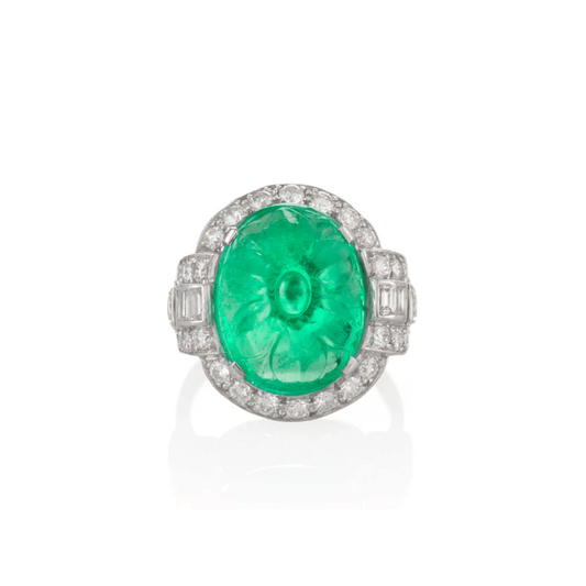 Art Deco Platinum Diamond & Emerald Ring front