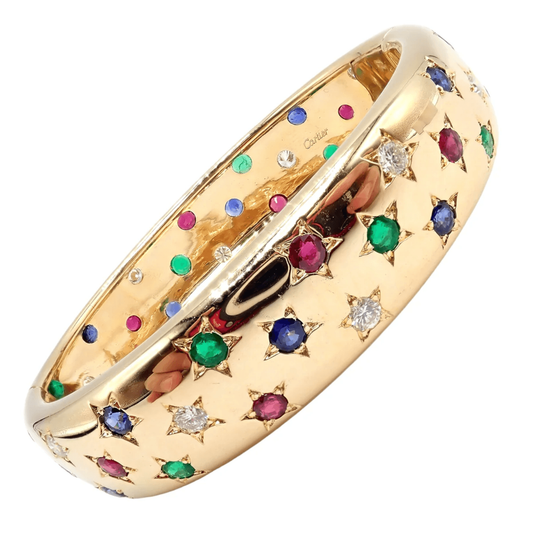 Cartier Post-1980s 18KT Yellow Gold Ruby, Diamond, Emerald & Sapphire Star Bracelet front