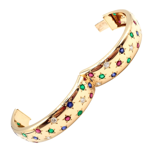 Cartier Post-1980s 18KT Yellow Gold Ruby, Diamond, Emerald & Sapphire Star Bracelet open