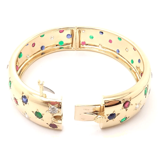 Cartier Post-1980s 18KT Yellow Gold Ruby, Diamond, Emerald & Sapphire Star Bracelet back and clasp