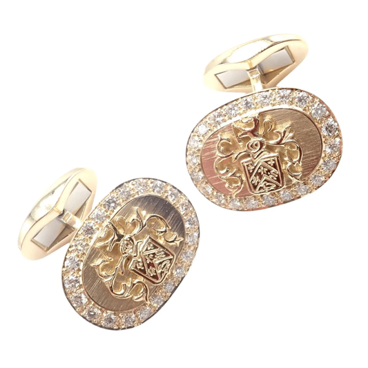 Piaget Post-1980s 18KT Yellow Gold Diamond Coat Of Arms Cufflinks front