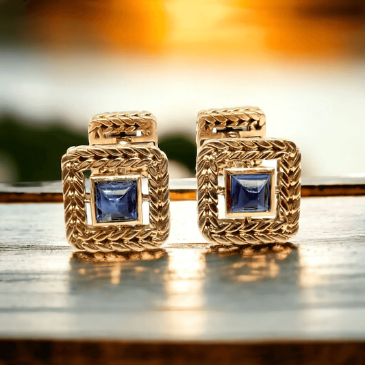 Van Cleef & Arpels French Post-1980s 18KT Yellow Gold Sapphire Cufflinks front