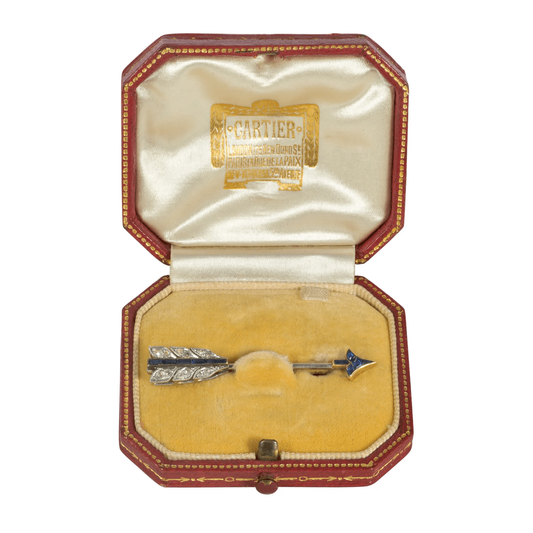 Cartier Art Deco Platinum & 18KT Yellow Gold Sapphire & Diamond Arrow Brooch in box