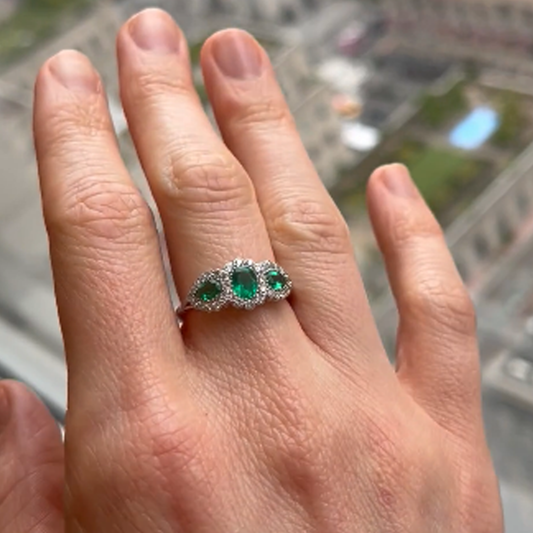 Post-1980s Platinum Emerald & Diamond Ring on finger