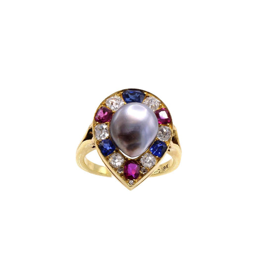 Victorian 18KT Yellow Gold Pearl, Diamond, Ruby & Sapphire Ring front