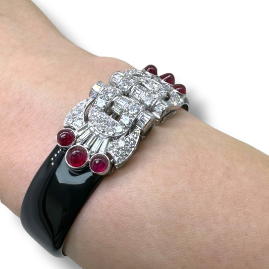 French Art Deco Platinum, 18KT Yellow Gold & 14KT White Gold Diamond & Ruby Double Clips Bracelet worn on wrist