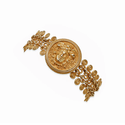 Archaeological Revival 22KT Yellow Gold Winged Medusa Bracelet front