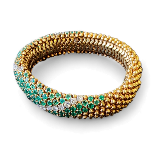 1960s 18KT Yellow Gold Emerald & Diamond Cous-Cous Bracelet front
