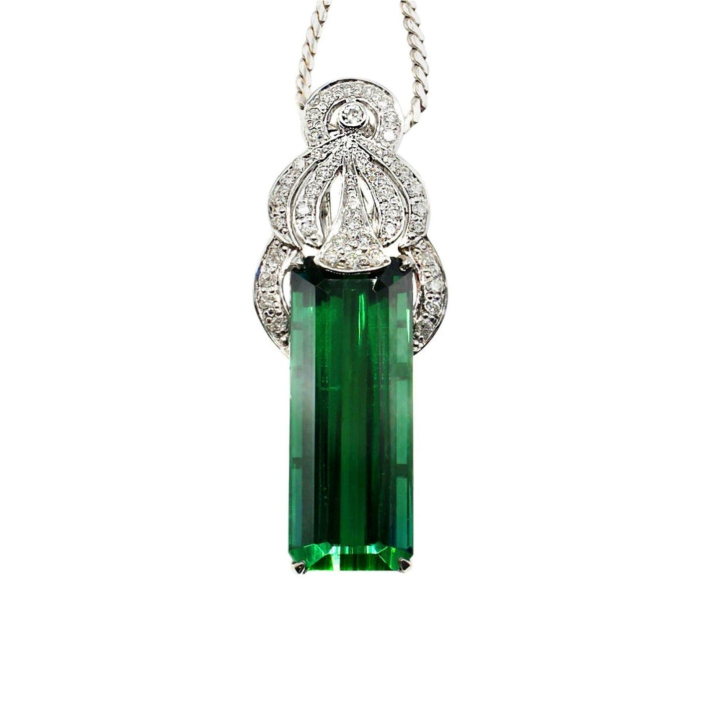 1980s Platinum Tourmaline & Diamond Pendant Necklace front