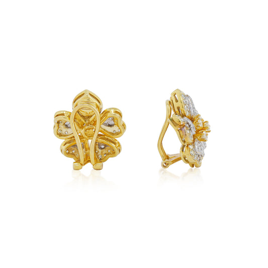 1980s 18KT Yellow Gold Diamond Flower Earrings front and side view