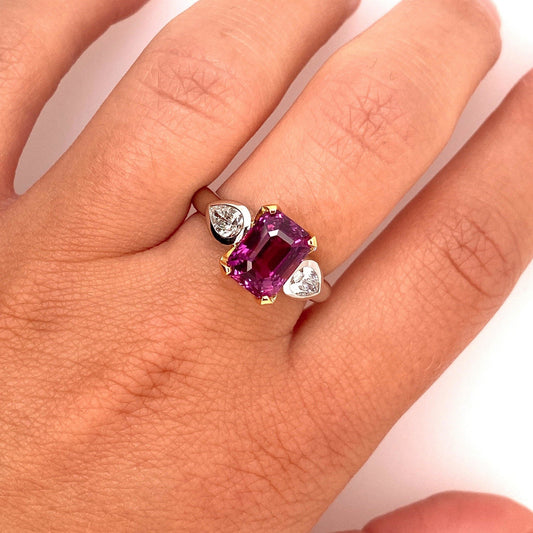 Contemporary Platinum & 18KT Yellow Gold Sapphire & Diamond Ring on finger