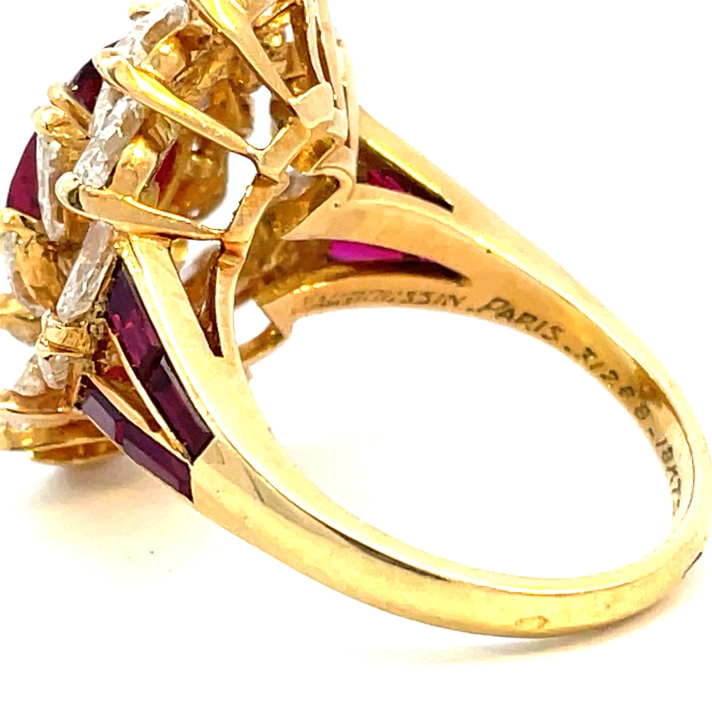 Mauboussin Paris 1970s 18KT Yellow Gold Ruby & Diamond Ring signature