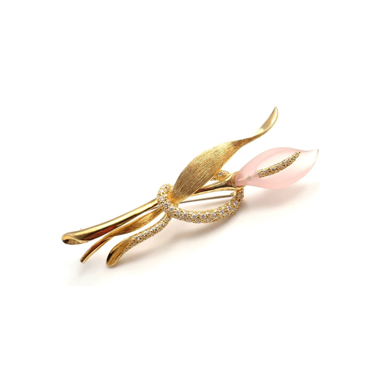 Henry Dunay 1980s 18KT Yellow Gold Diamond & Rose Quartz Calla Lily Brooch front