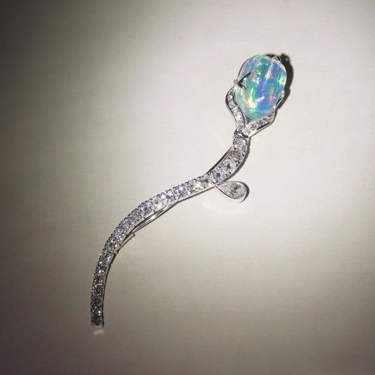 Contemporary 18KT White Gold Opal & Diamond Brooch front