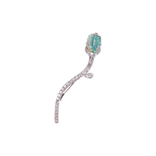 Contemporary 18KT White Gold Opal & Diamond Brooch front