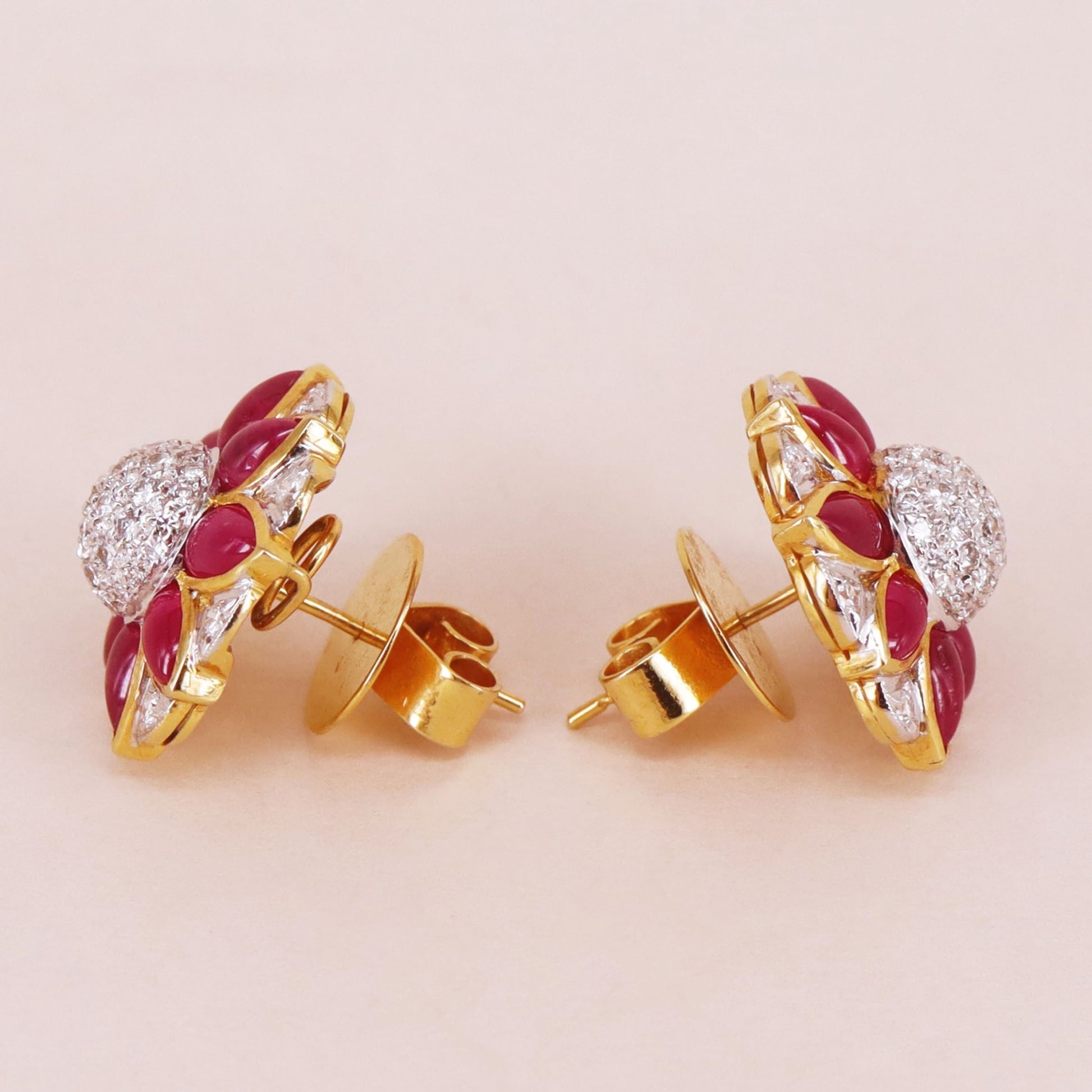 Contemporary 18KT Yellow Gold Ruby & Diamond Earrings side