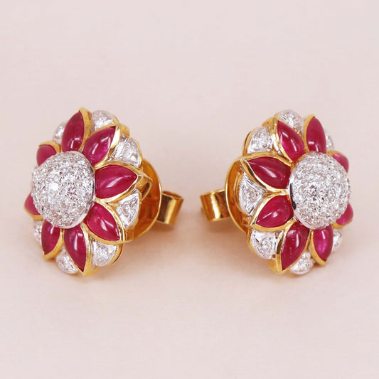 Contemporary 18KT Yellow Gold Ruby & Diamond Earrings side