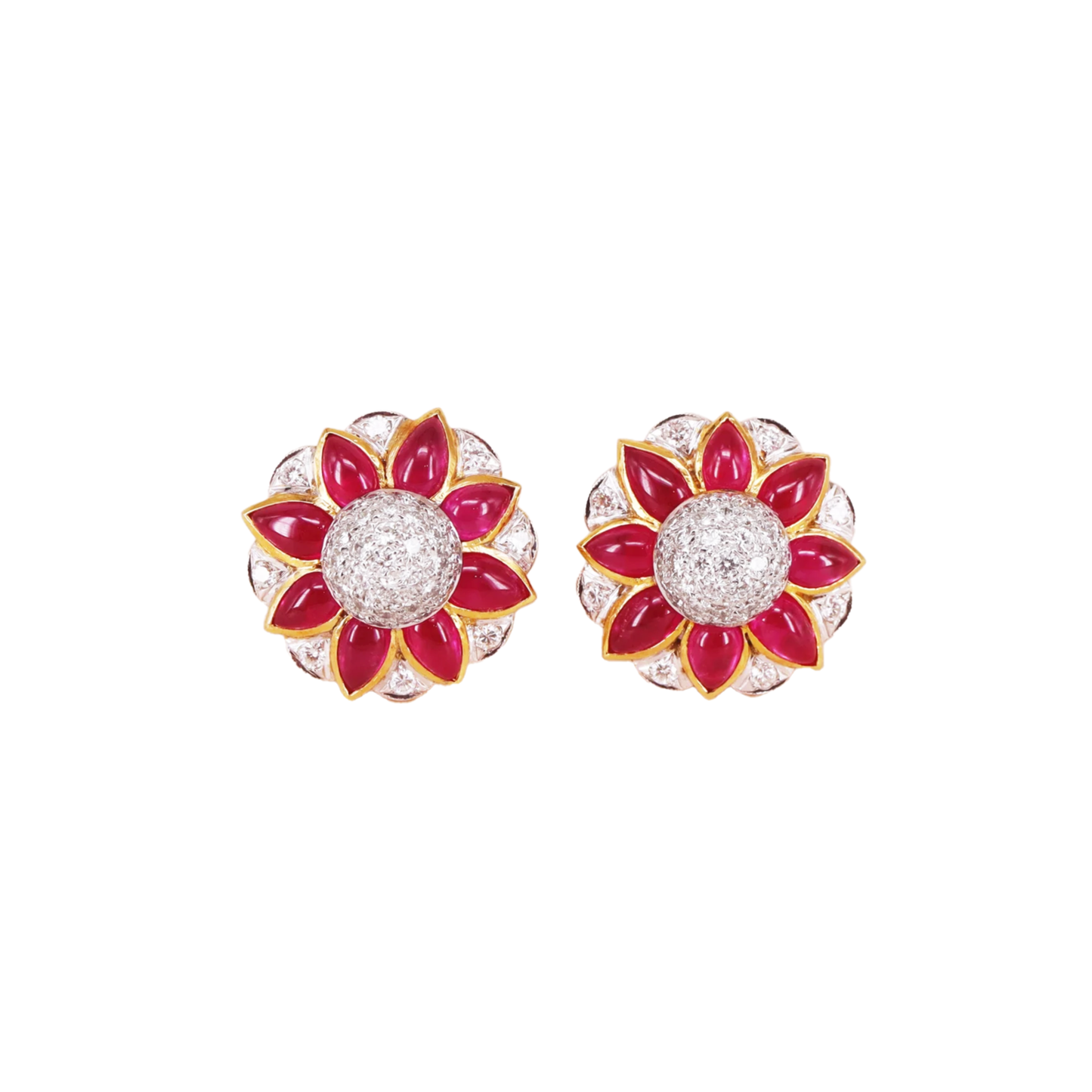 Contemporary 18KT Yellow Gold Ruby & Diamond Earrings front