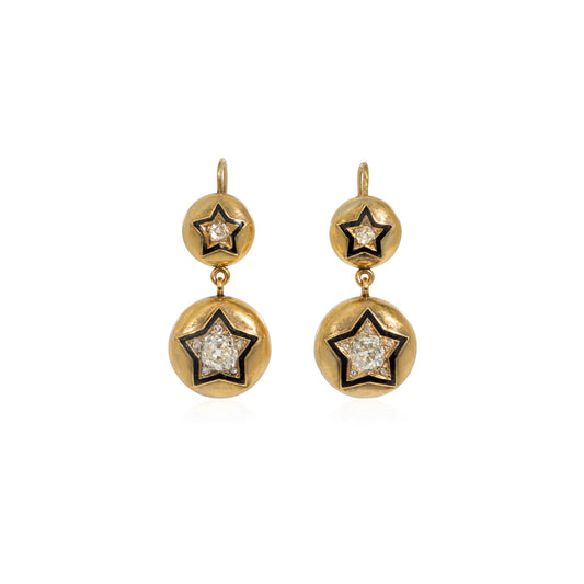 Russian Victorian 14KT Yellow Gold Diamond & Enamel Earrings front