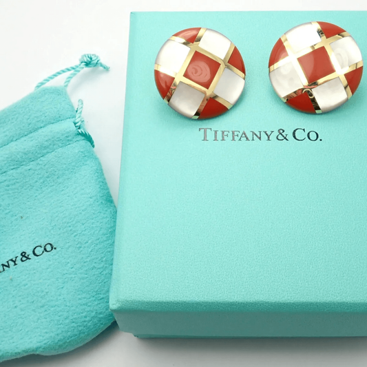 Tiffany & Co. 1980s 18KT Yellow Gold Carnelian Agate & Mother of Pearl Earrings on box