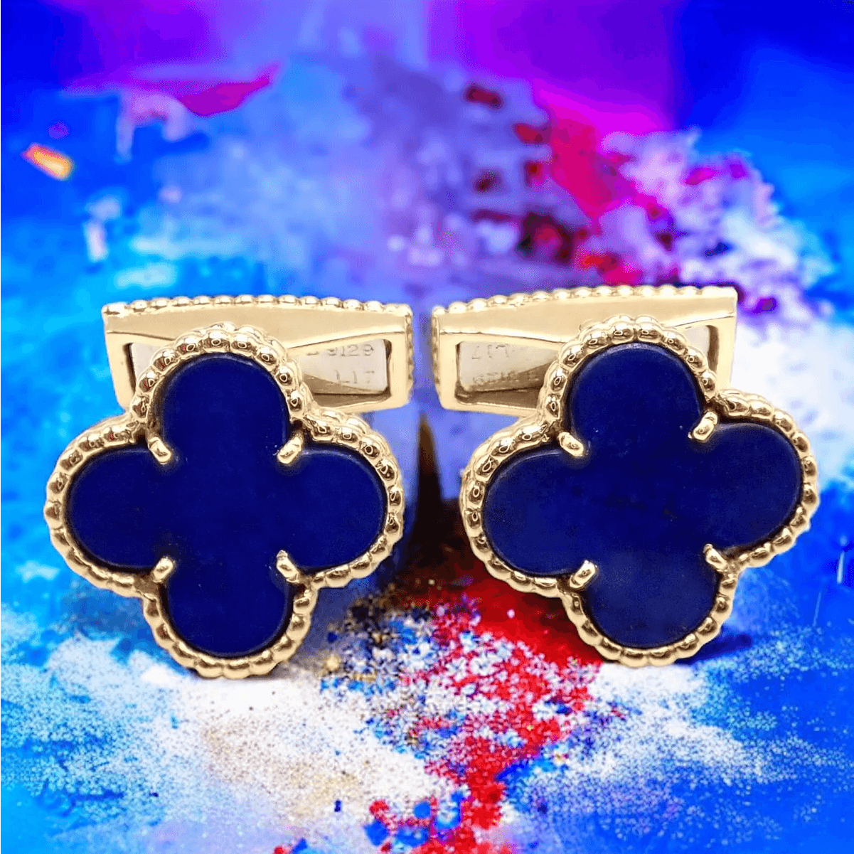 Van Cleef & Arpels French Post-1980s 18KT Yellow Gold Lapis Lazuli Alhambra Cufflinks front