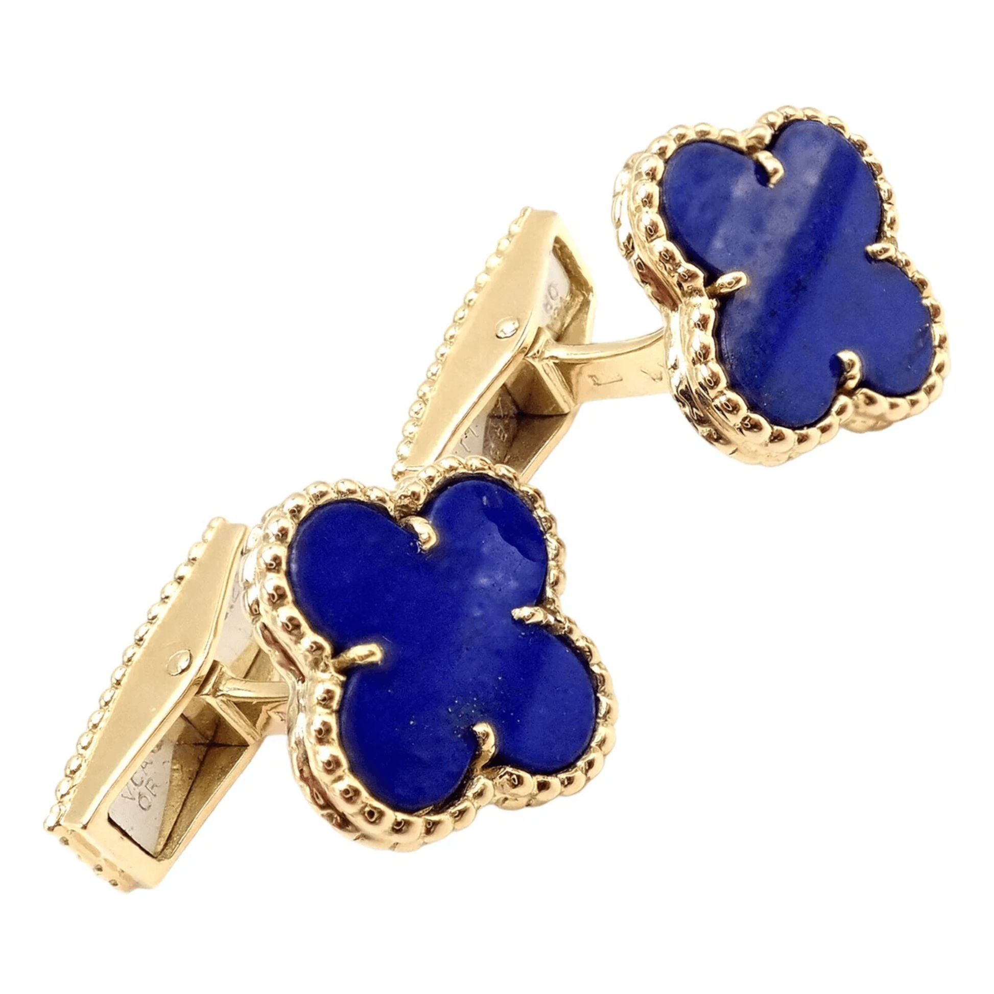 Van Cleef & Arpels French Post-1980s 18KT Yellow Gold Lapis Lazuli Alhambra Cufflinks side