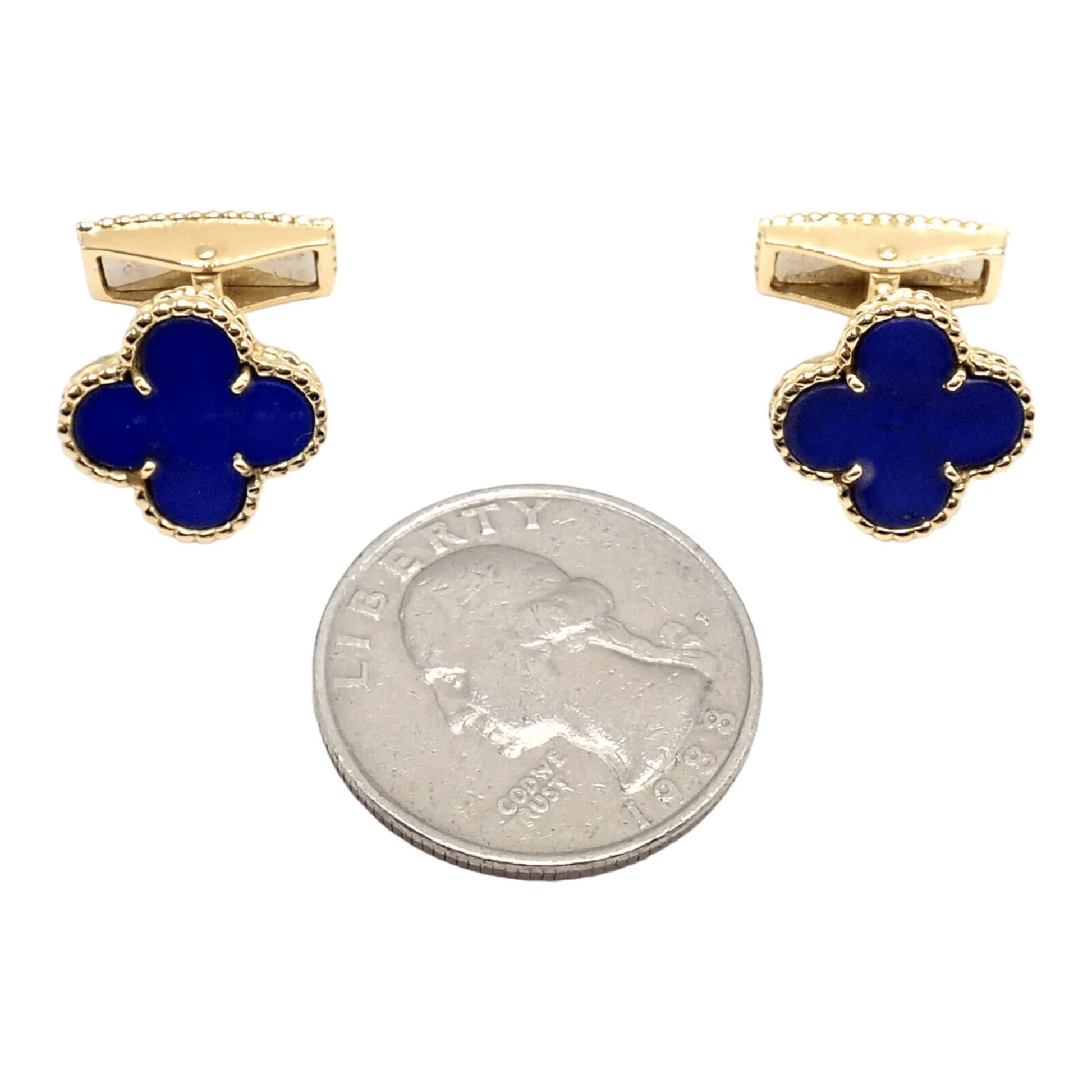 Van Cleef & Arpels French Post-1980s 18KT Yellow Gold Lapis Lazuli Alhambra Cufflinks front