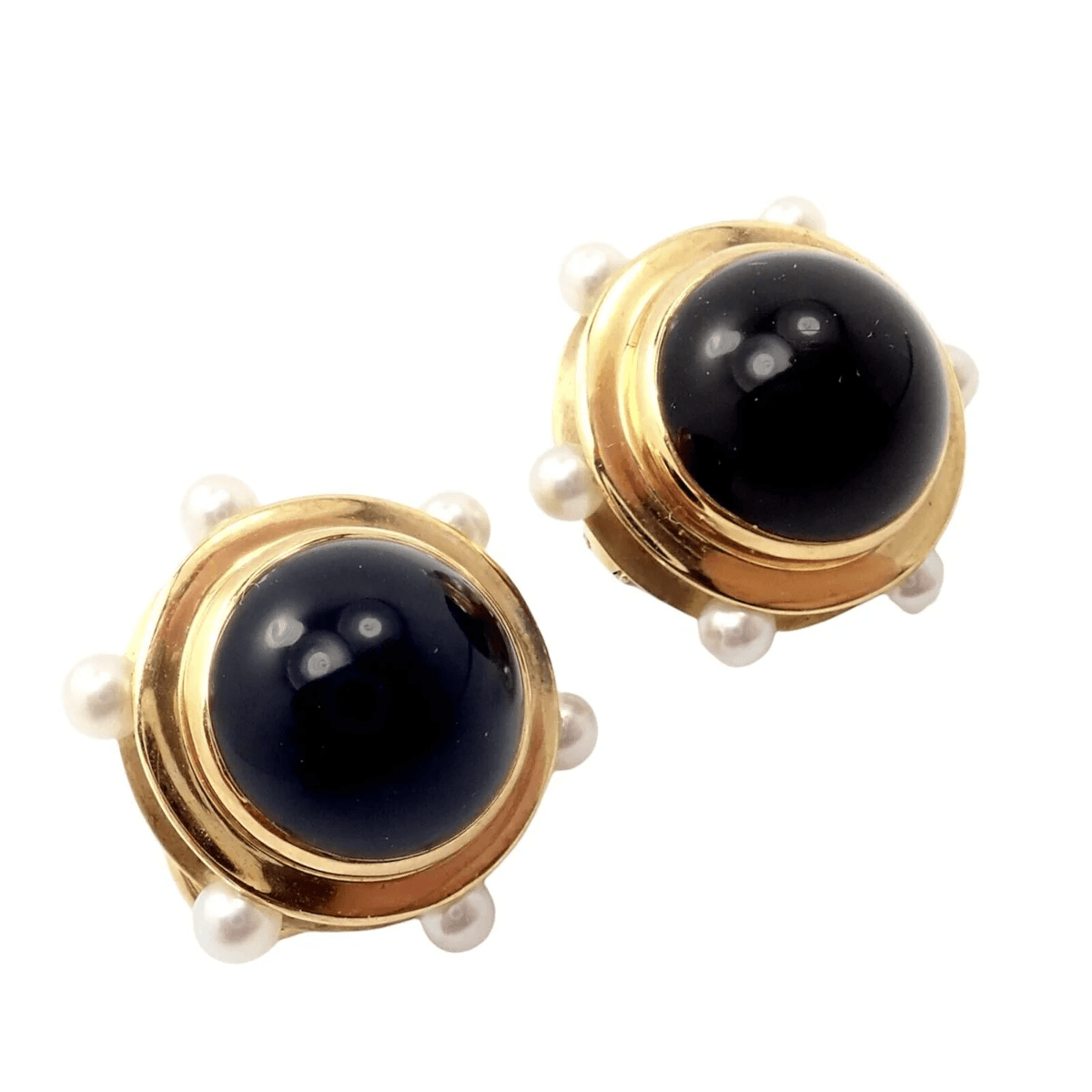 Tiffany & Co. 1980s 18KT Yellow Gold Pearl & Onyx Earrings front