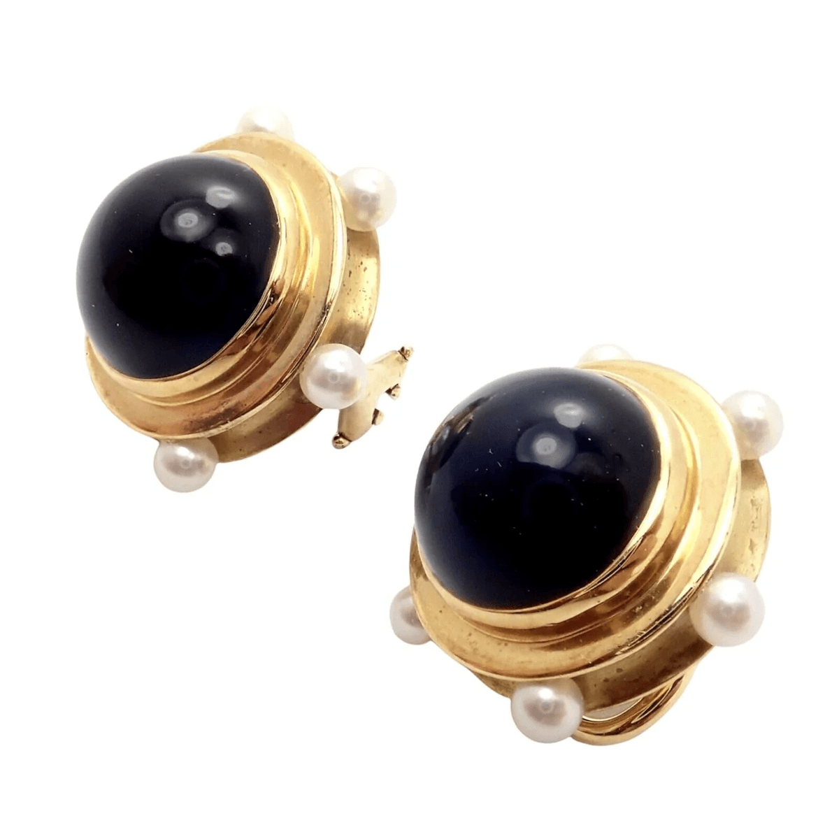 Tiffany & Co. 1980s 18KT Yellow Gold Pearl & Onyx Earrings side