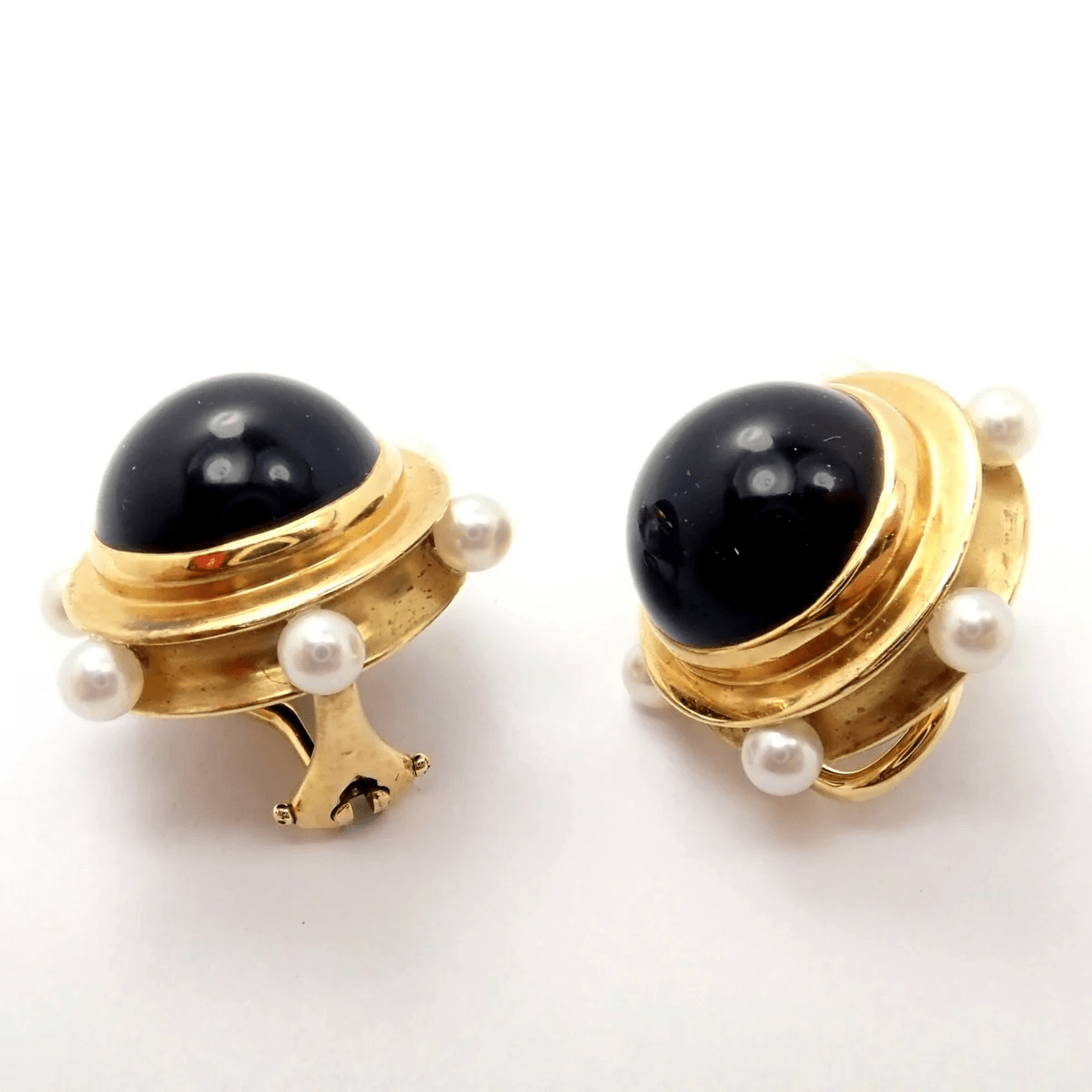 Tiffany & Co. 1980s 18KT Yellow Gold Pearl & Onyx Earrings side