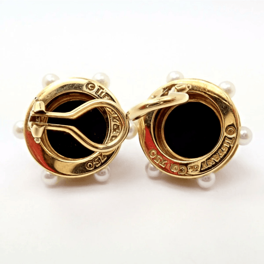 Tiffany & Co. 1980s 18KT Yellow Gold Pearl & Onyx Earrings back and signature