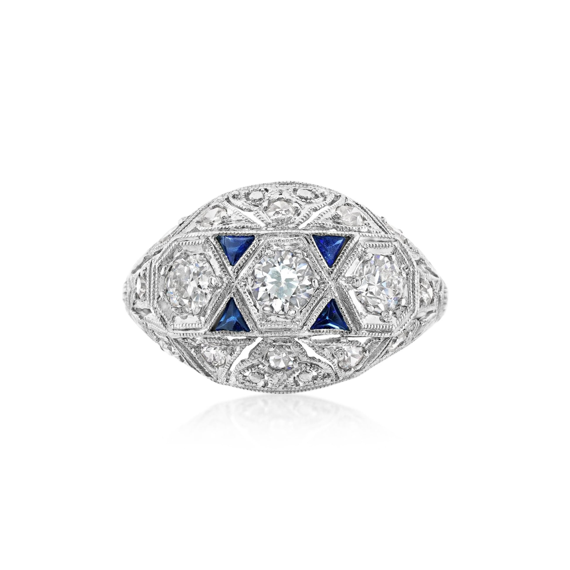 Art Deco Platinum Diamond & Sapphire Ring front