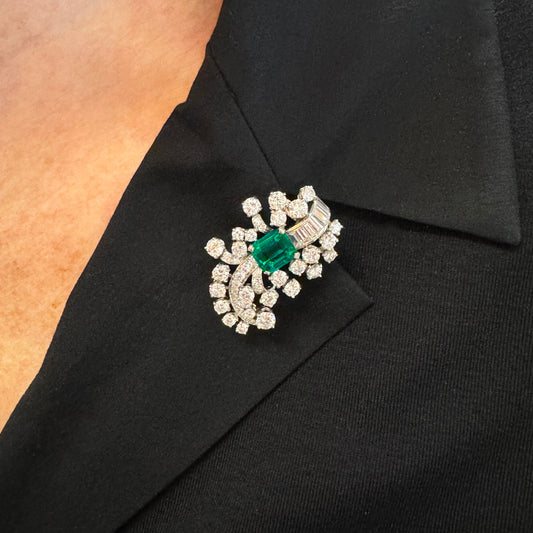 Cartier 1950s Platinum Emerald & Diamond Brooch on collar