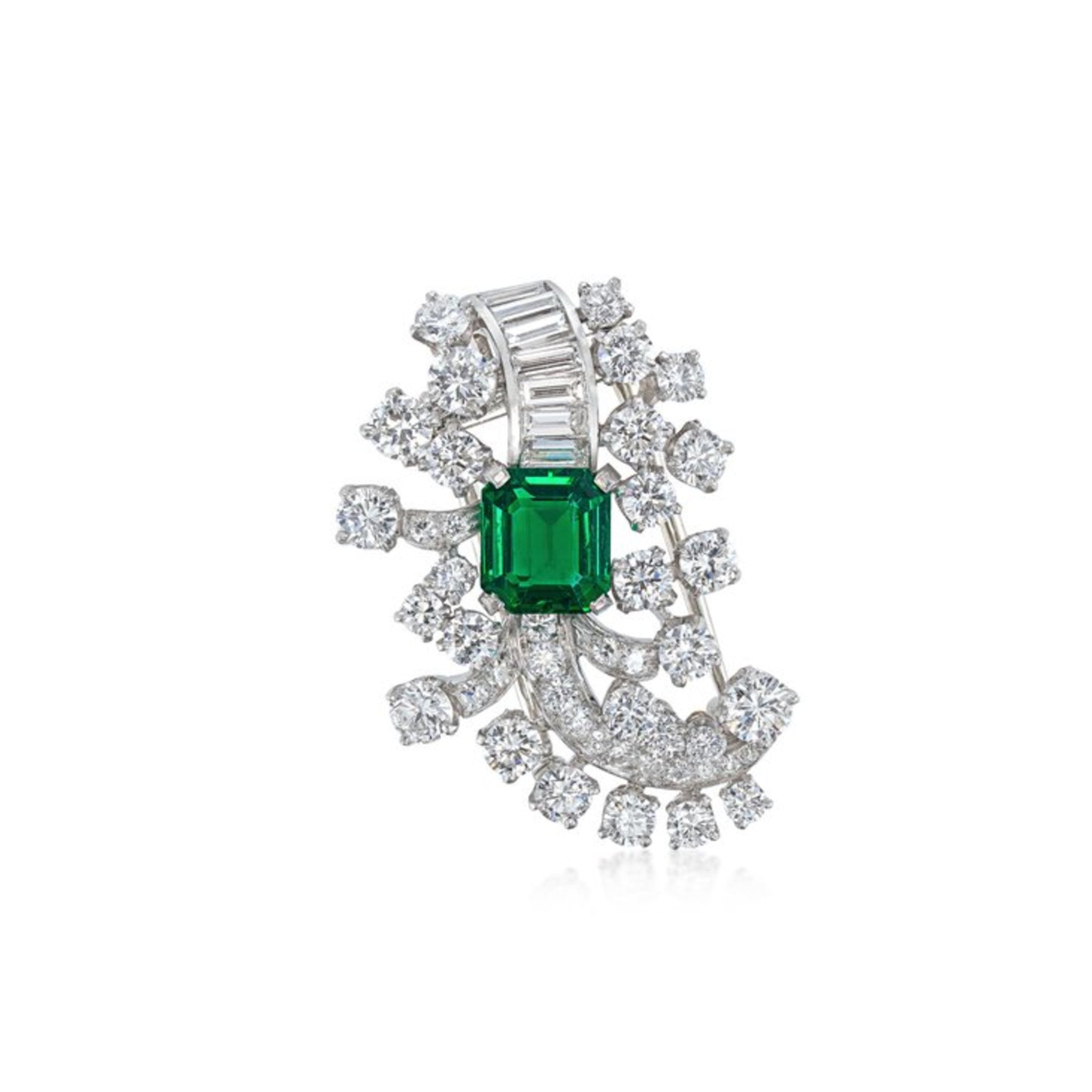 Cartier 1950s Platinum Emerald & Diamond Brooch