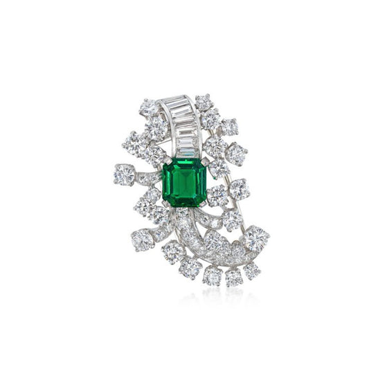 Cartier 1950s Platinum Emerald & Diamond Brooch front