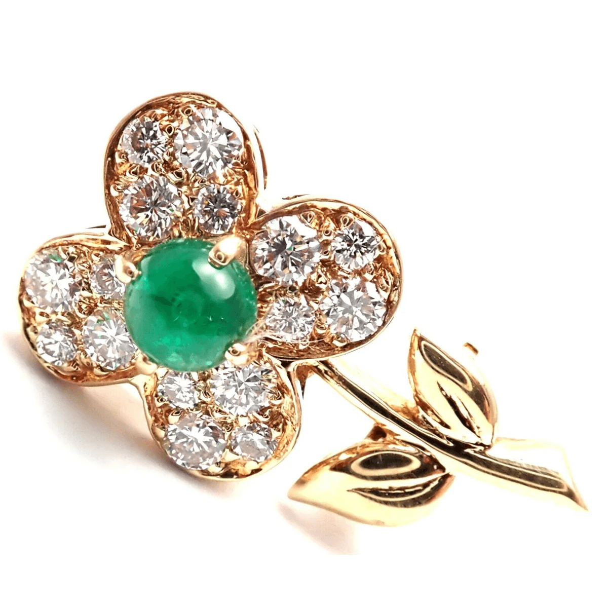 Van Cleef & Arpels Post-1980s 18KT Yellow Gold Emerald & Diamond Flower Brooch front