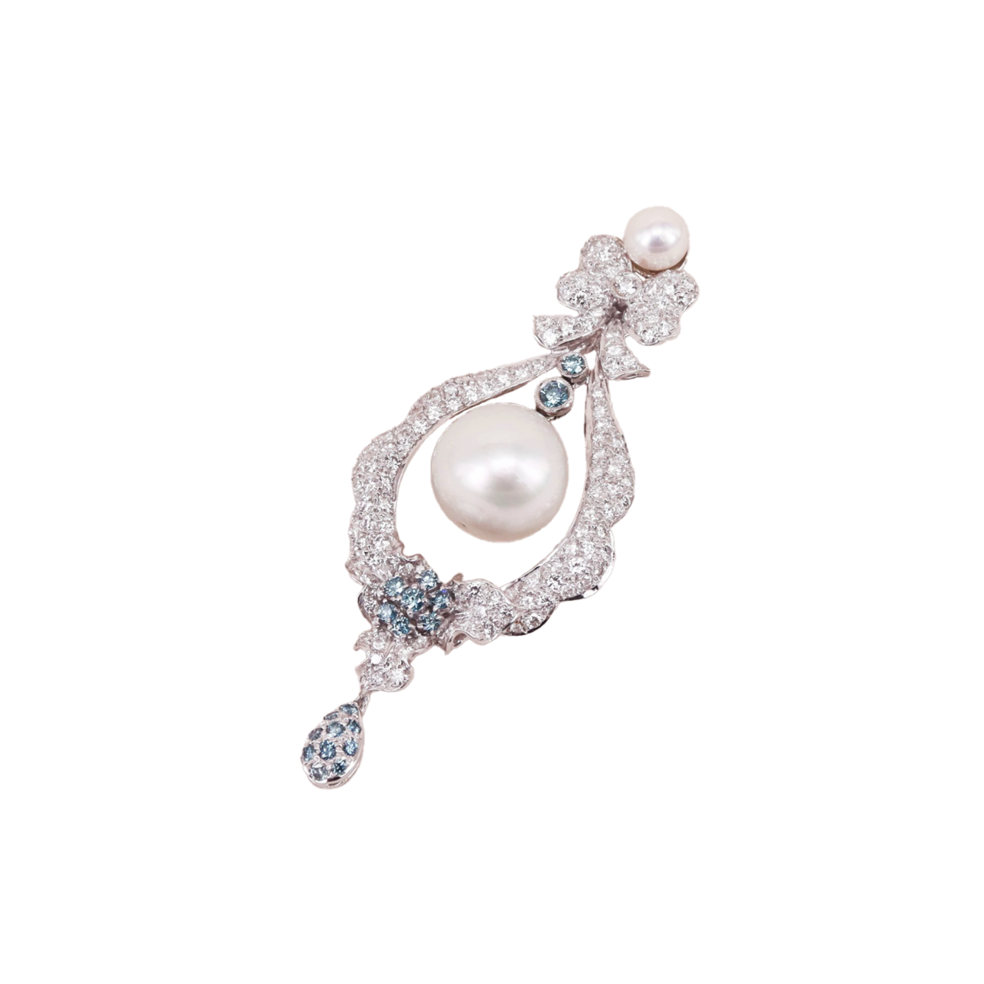 Contemporary 18KT White Gold Pearl, Diamond & Sapphire Pendant front