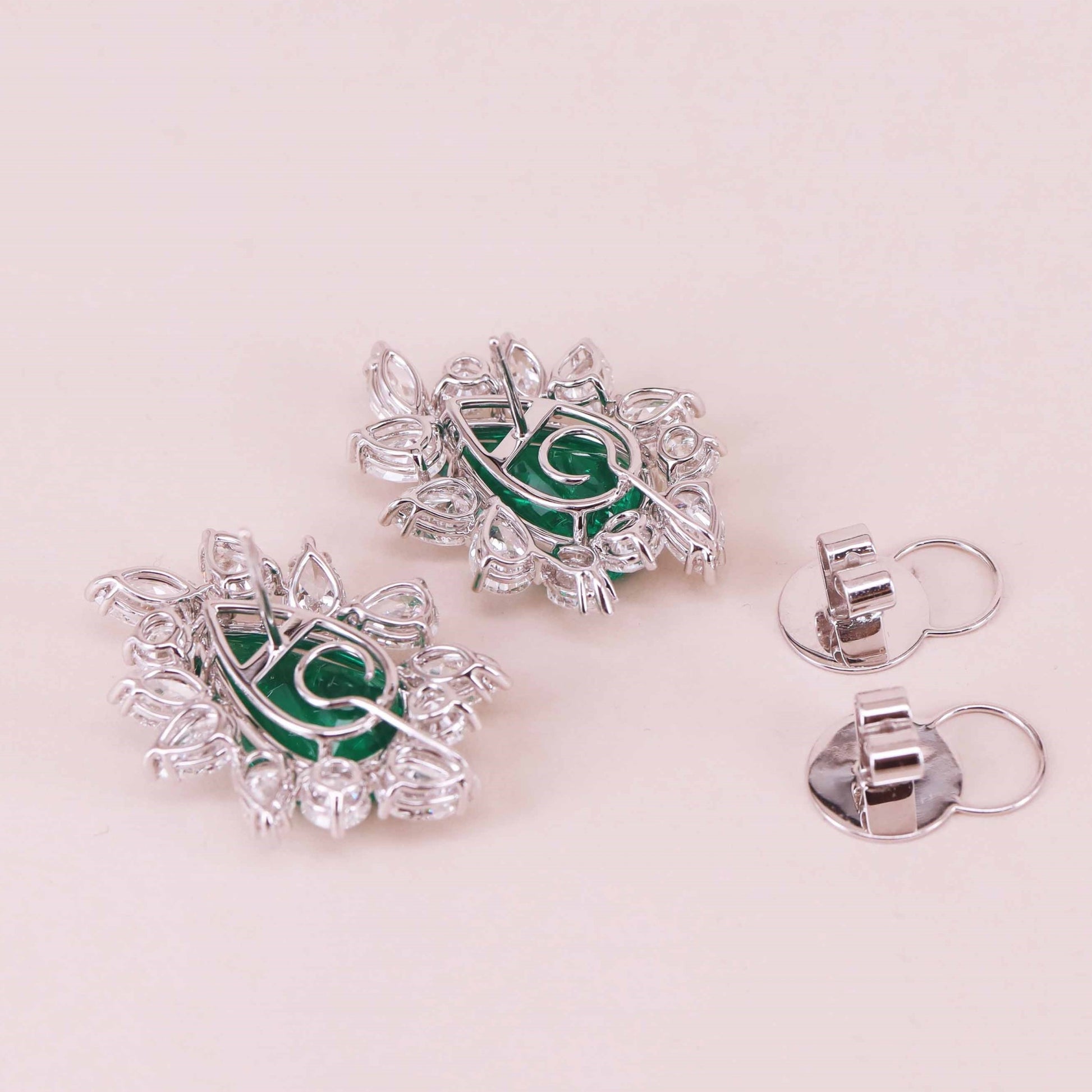 Contemporary 18KT White Gold Emerald & Diamond Earrings back