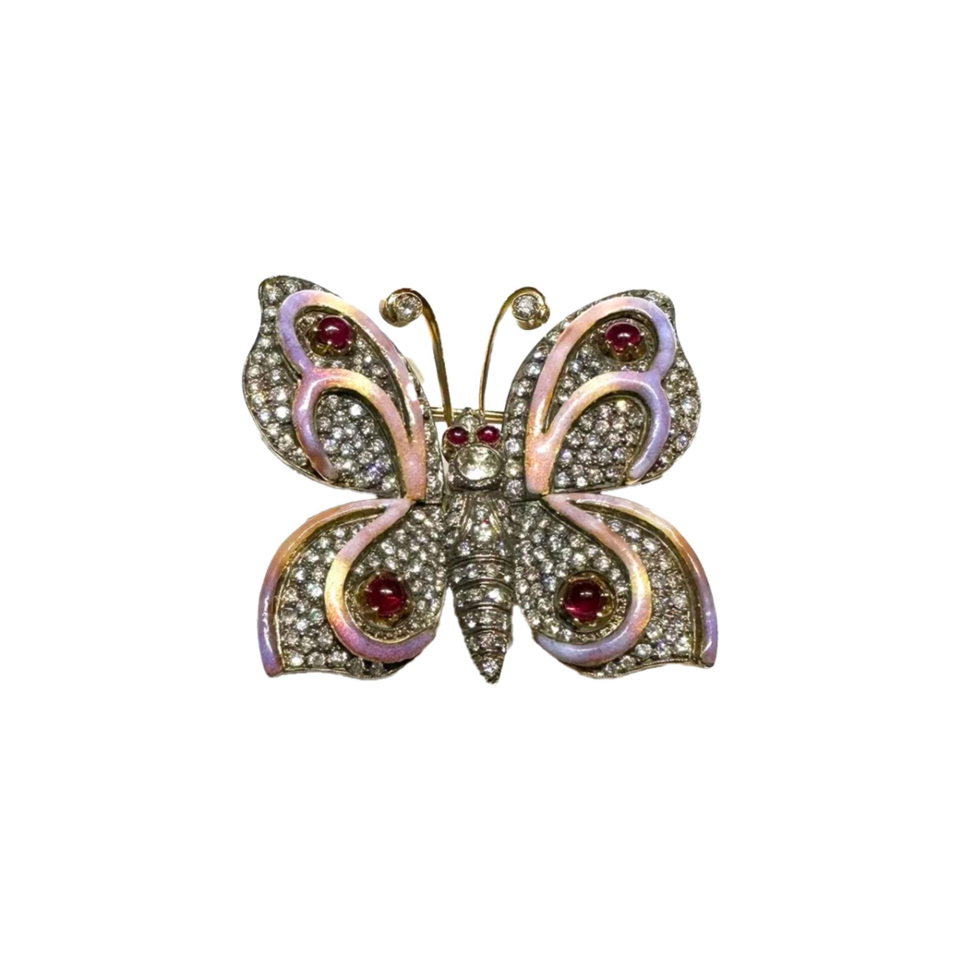 Antique 18KT Yellow Gold Ruby, Diamond & Enamel Butterfly Brooch front