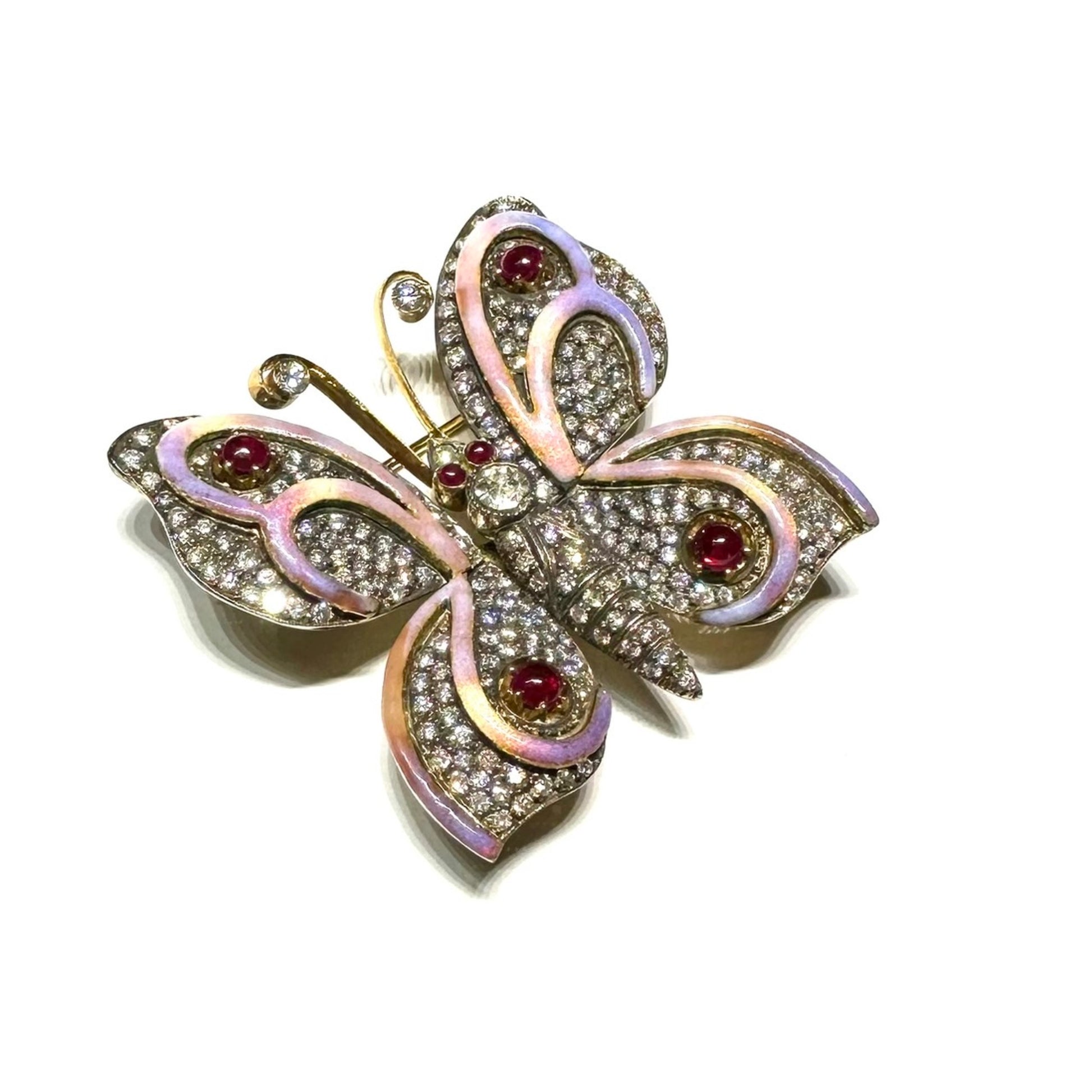 Antique 18KT Yellow Gold Ruby, Diamond & Enamel Butterfly Brooch front