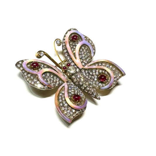 Antique 18KT Yellow Gold Ruby, Diamond & Enamel Butterfly Brooch front
