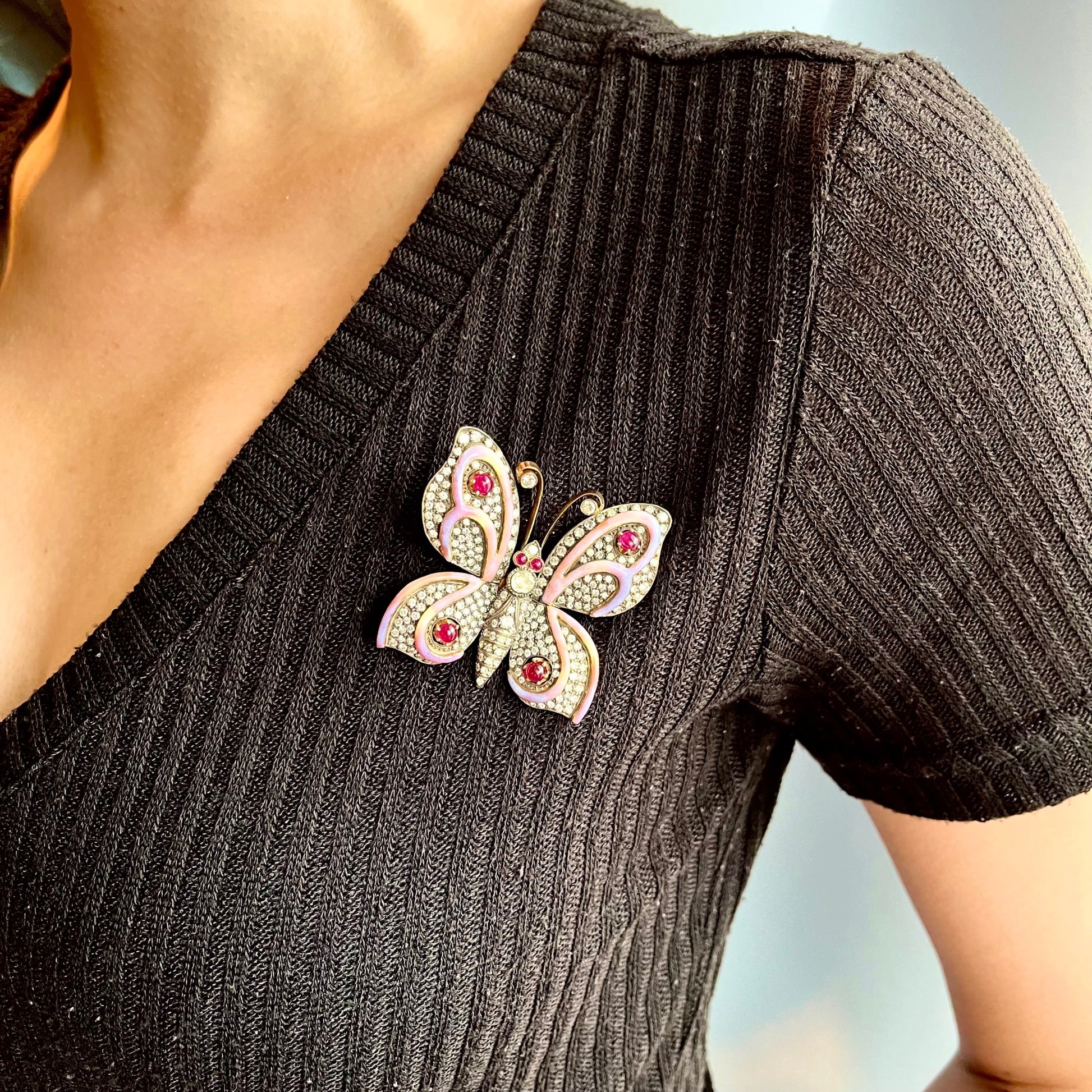 Antique 18KT Yellow Gold Ruby, Diamond & Enamel Butterfly Brooch on blouse