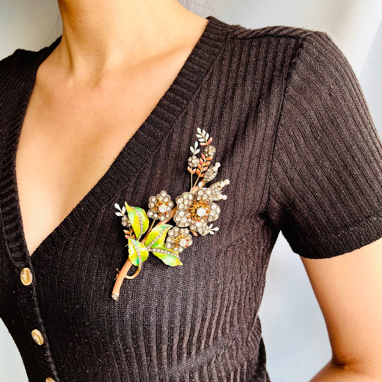 Antique 18KT Yellow Gold Diamond & Enamel Flower Brooch on blouse