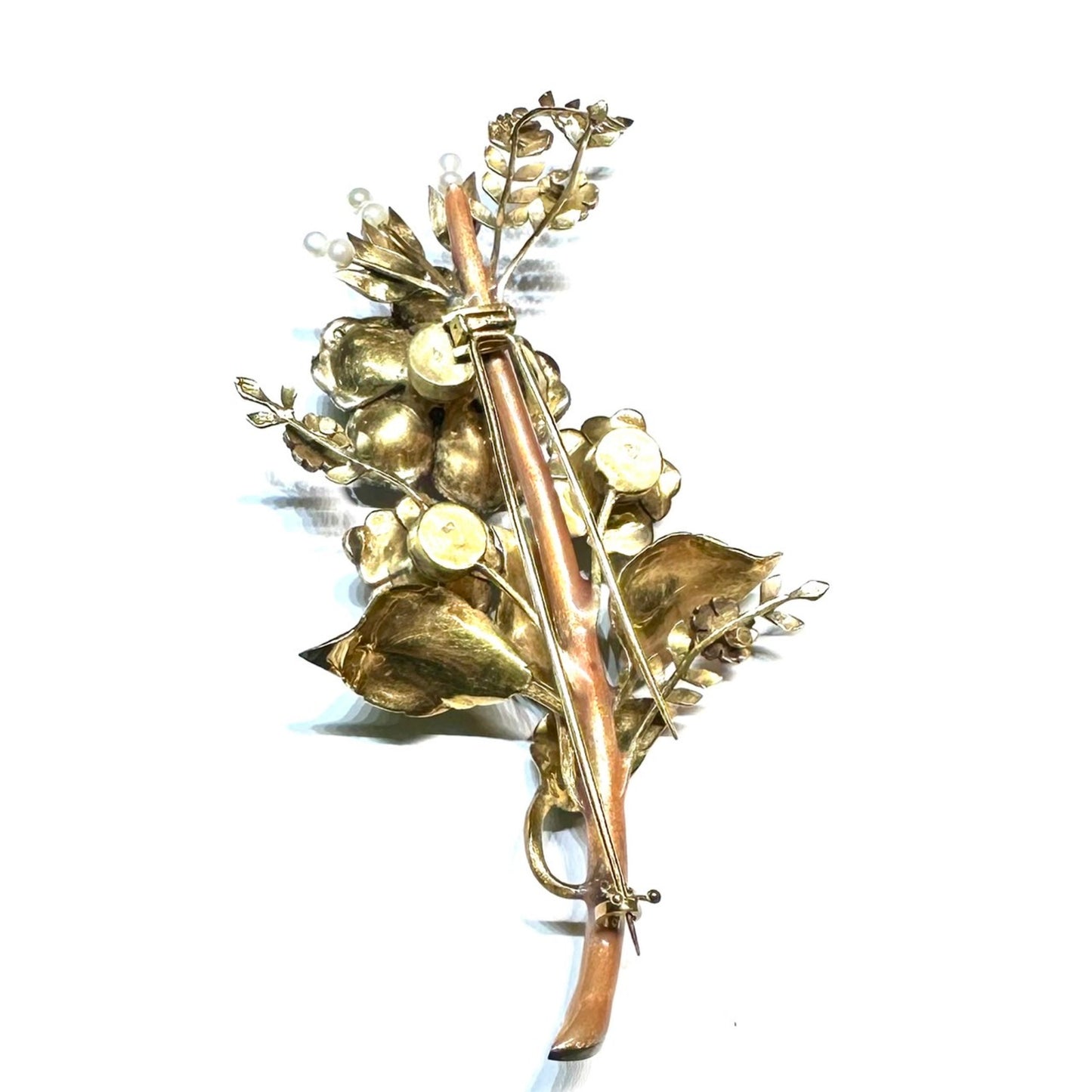 Antique 18KT Yellow Gold Diamond & Enamel Flower Brooch back