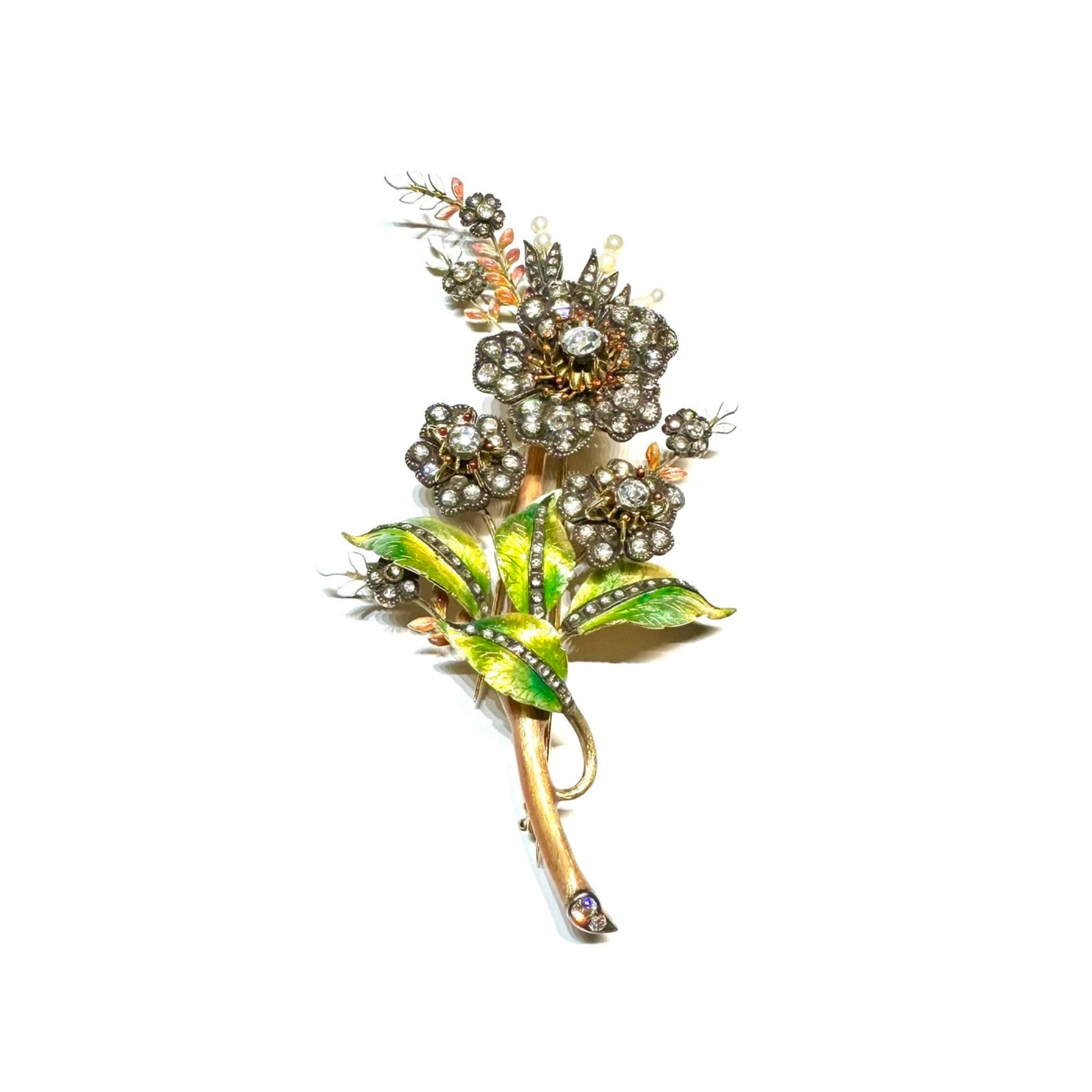 Antique 18KT Yellow Gold Diamond & Enamel Flower Brooch front