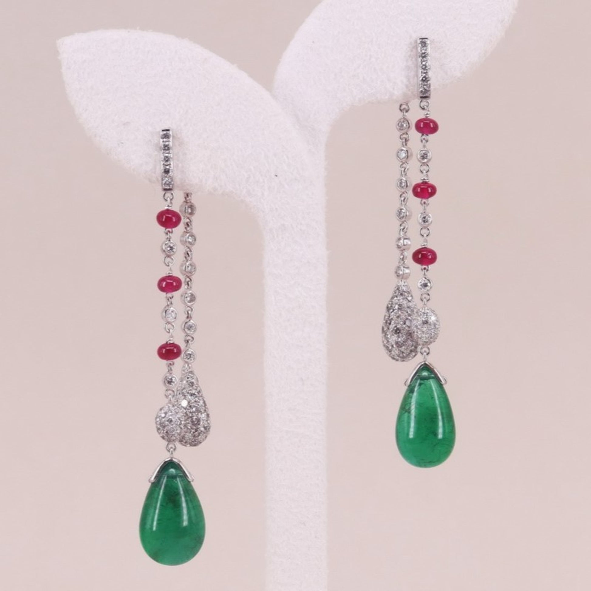 Contemporary 18KT White Gold Emerald, Diamond & Ruby Earrings front