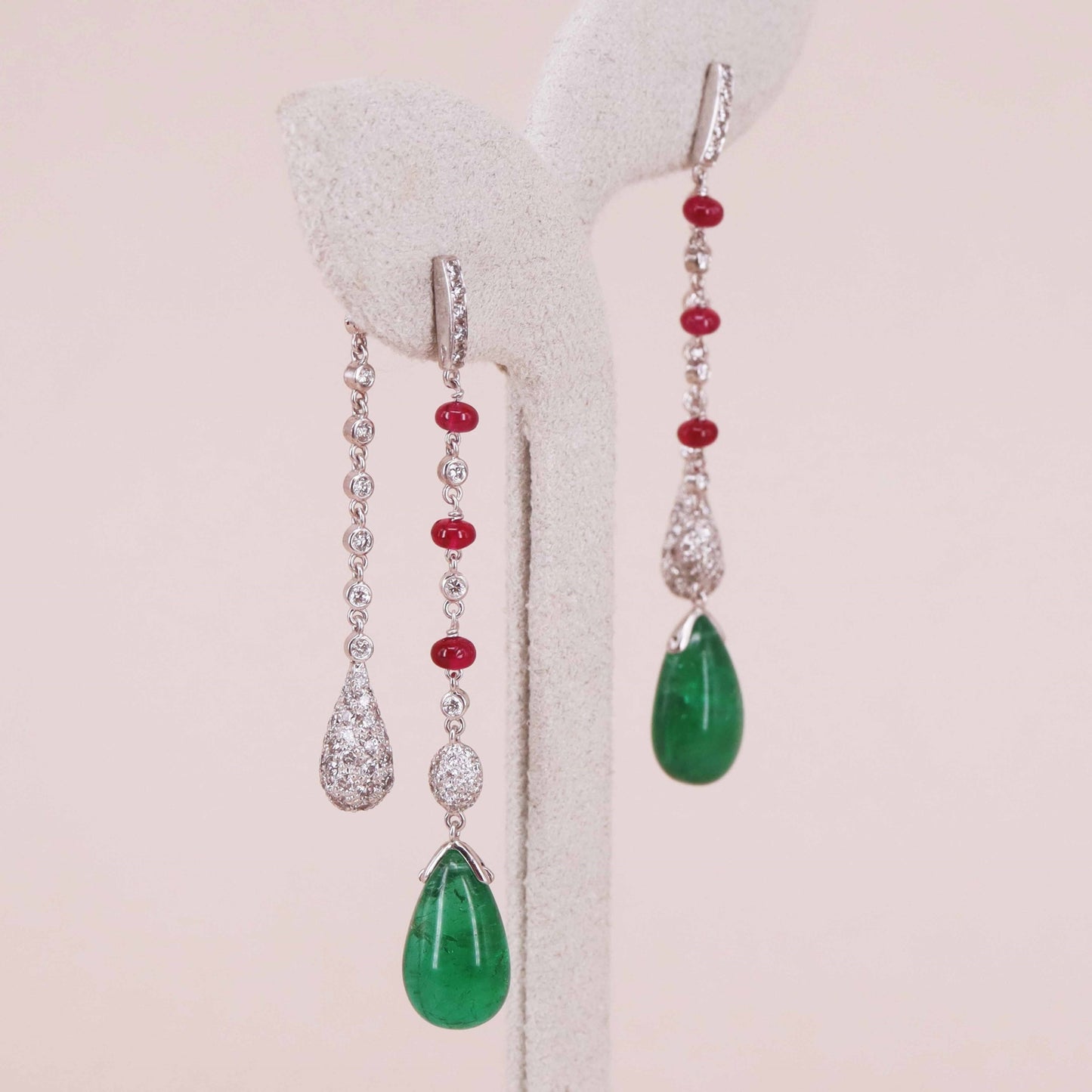 Contemporary 18KT White Gold Emerald, Diamond & Ruby Earrings front