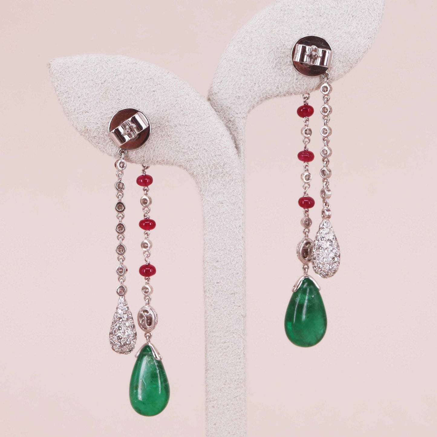 Contemporary 18KT White Gold Emerald, Diamond & Ruby Earrings back