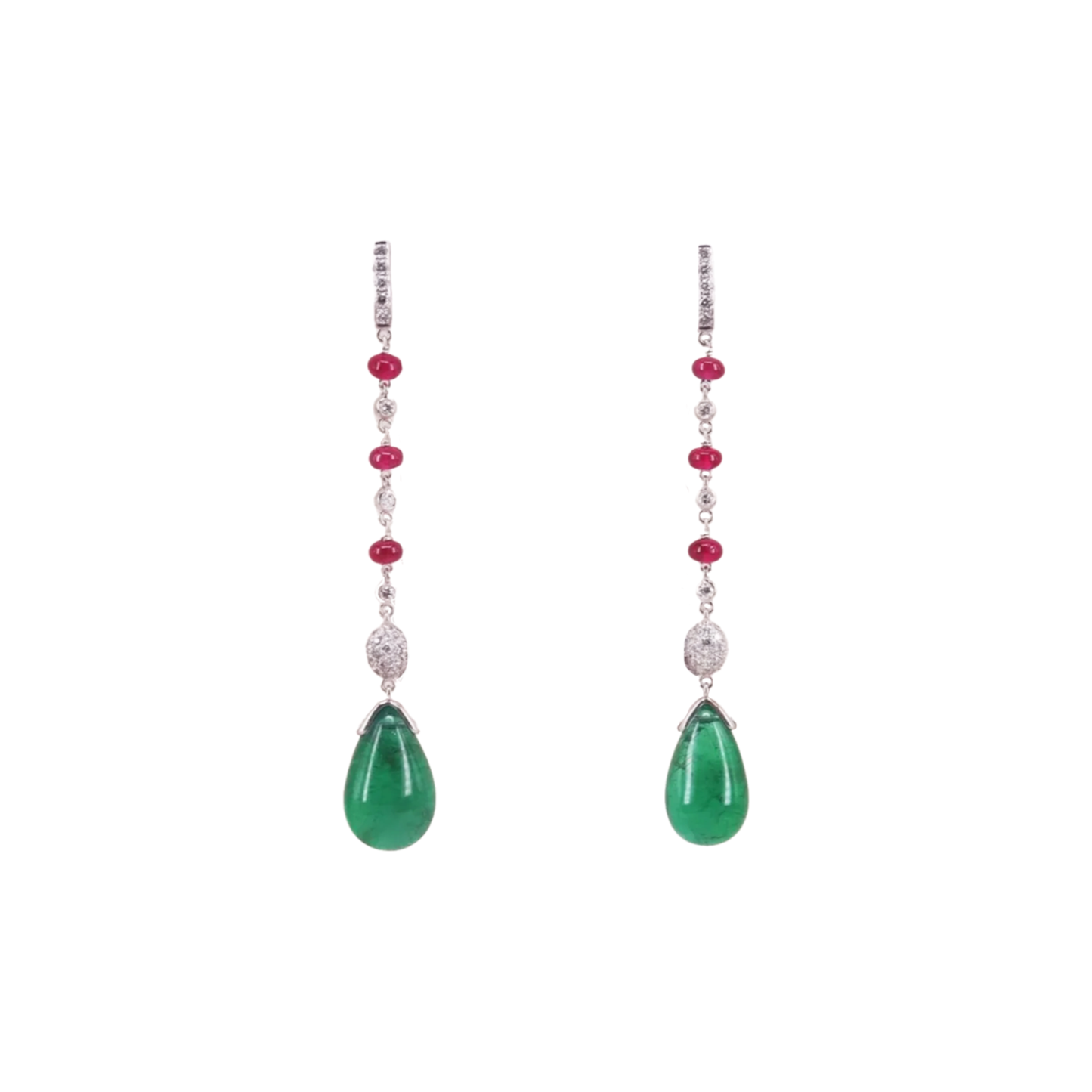 Contemporary 18KT White Gold Emerald, Diamond & Ruby Earrings front